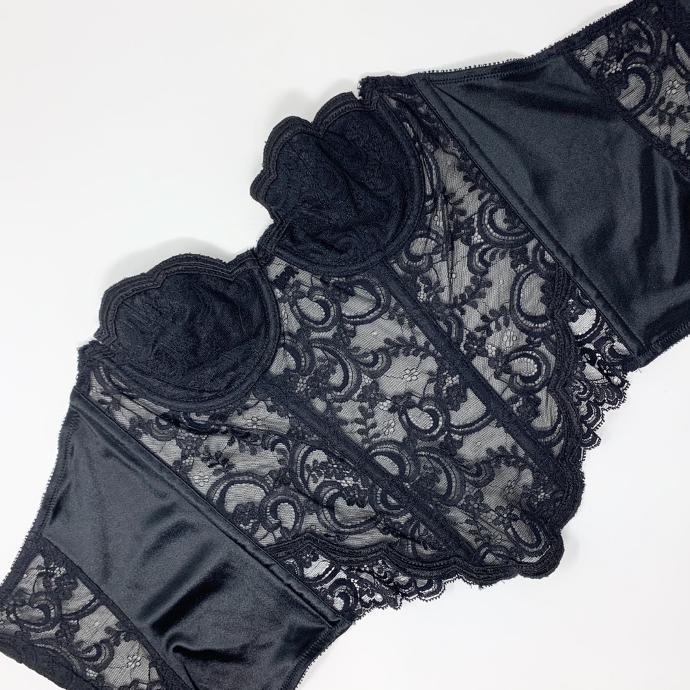 Christian Dior Vintage Lace Bustier Corset (Sz 34B) Center-Logo Floral Sheer Top